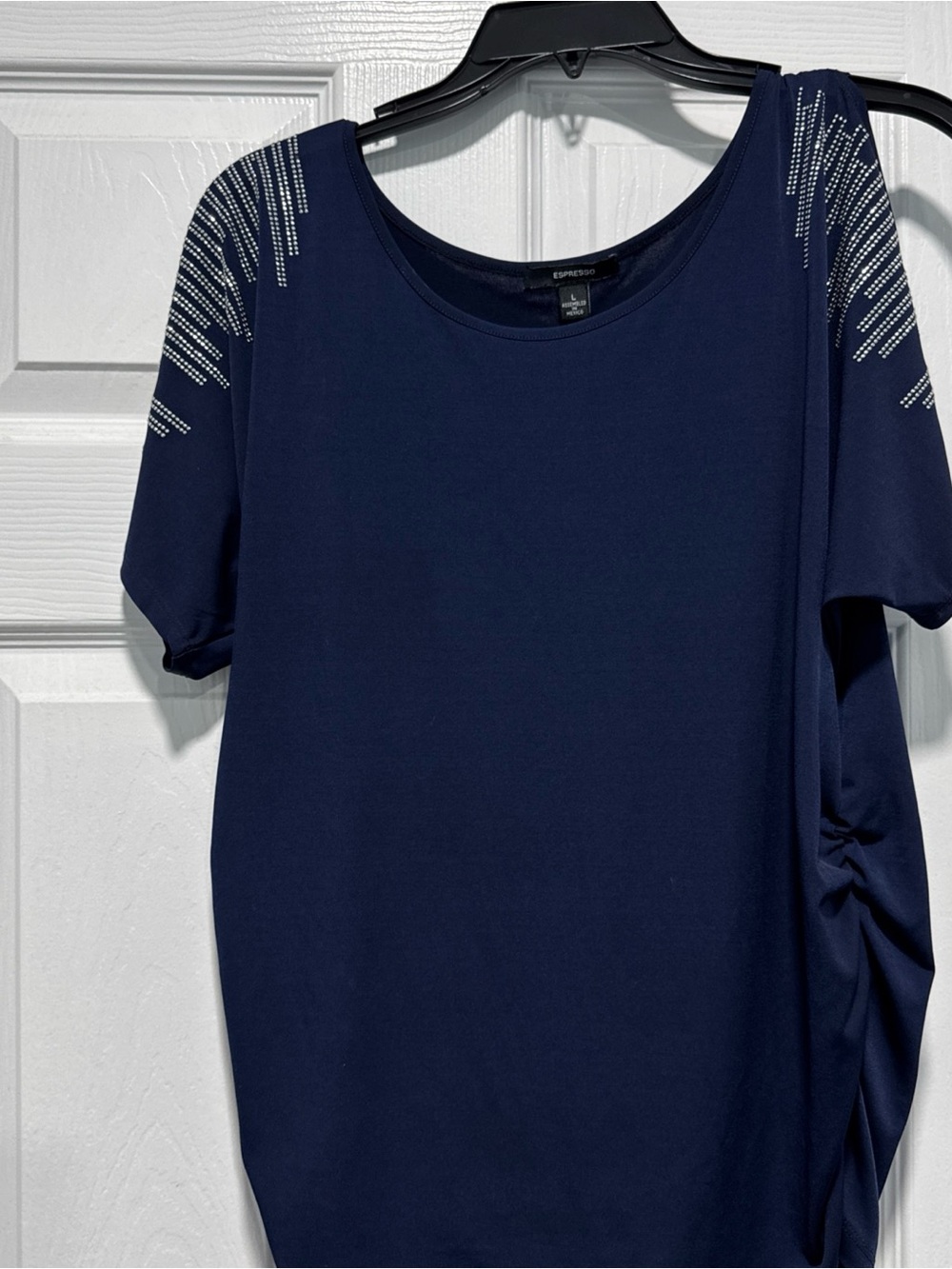 Espresso Navy Short-Sleeve Top with Silver Shoulder Embellishment